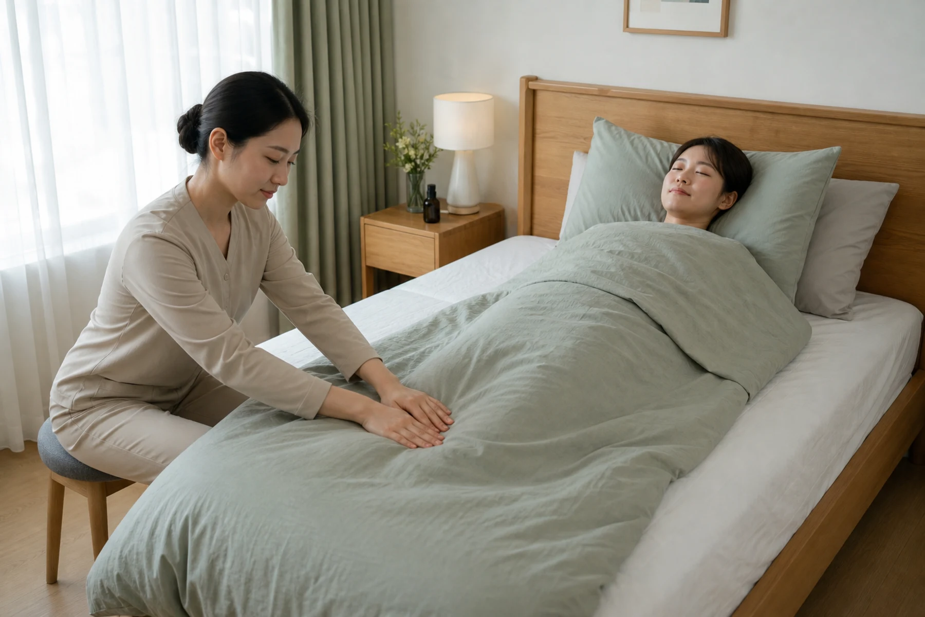 과천테라피의 전문복 차림 20대 한국인 성인 여성 마사지사가 침대 위에서 완전히 덮인 성인 여성 고객의 어깨를 관리하는 비선정적 장면